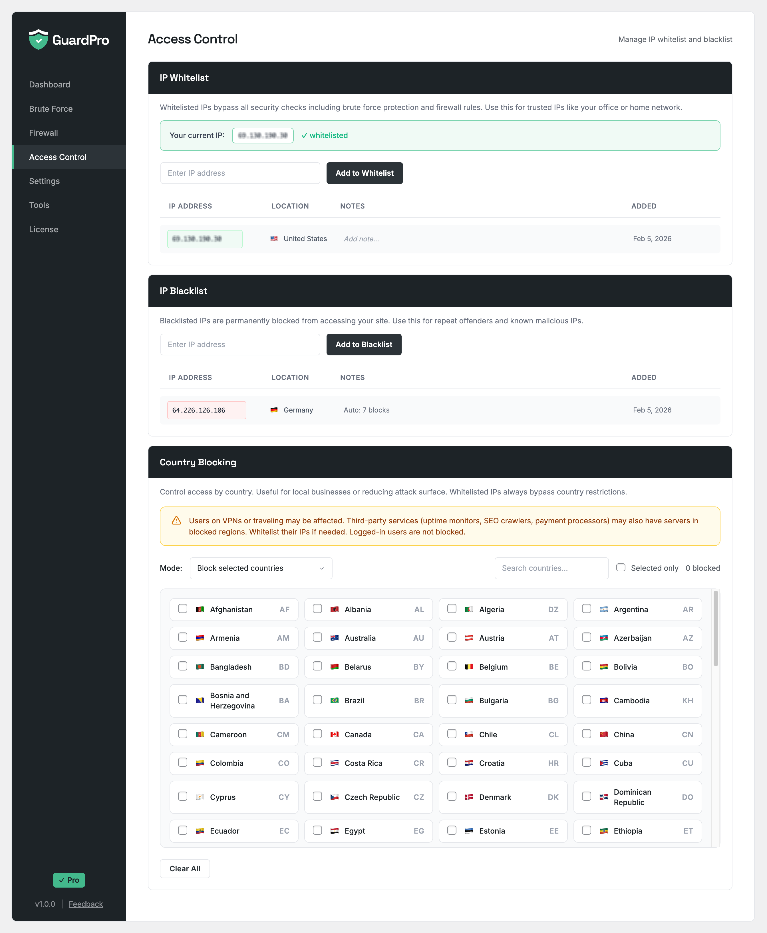 ArmorPro Access Control with IP whitelist, blacklist, and country blocking