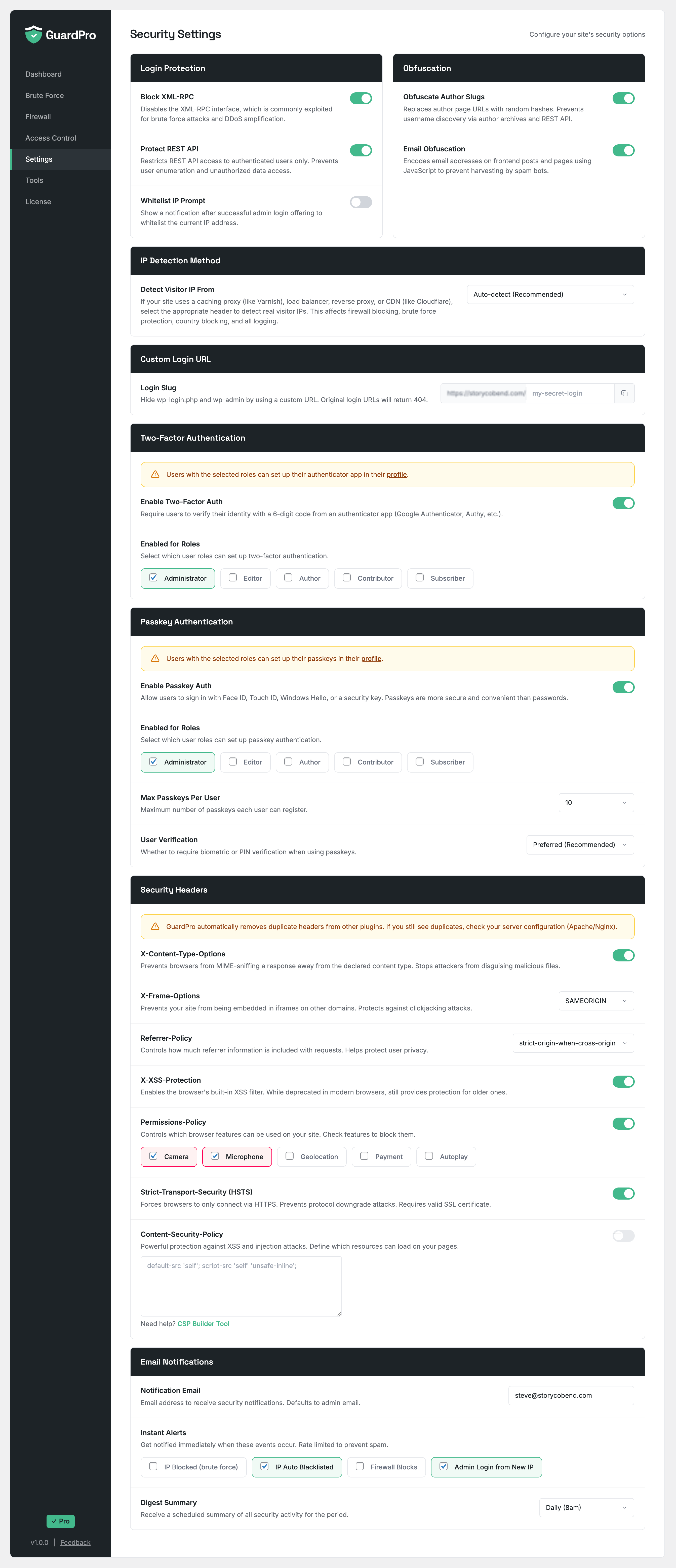 ArmorPro Settings with 2FA, passkeys, security headers, and notifications