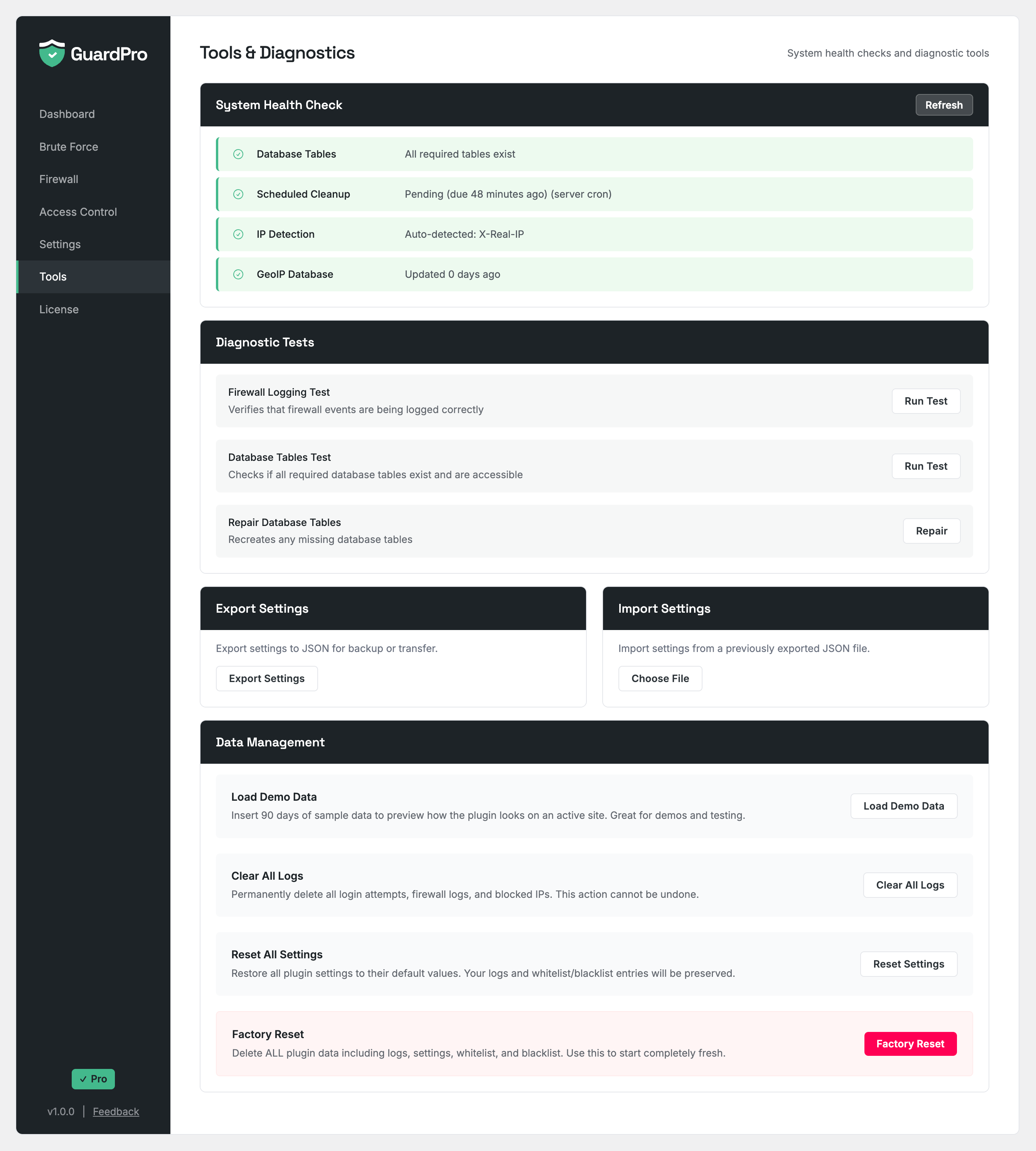 ArmorPro Tools with diagnostics, import/export, and data management
