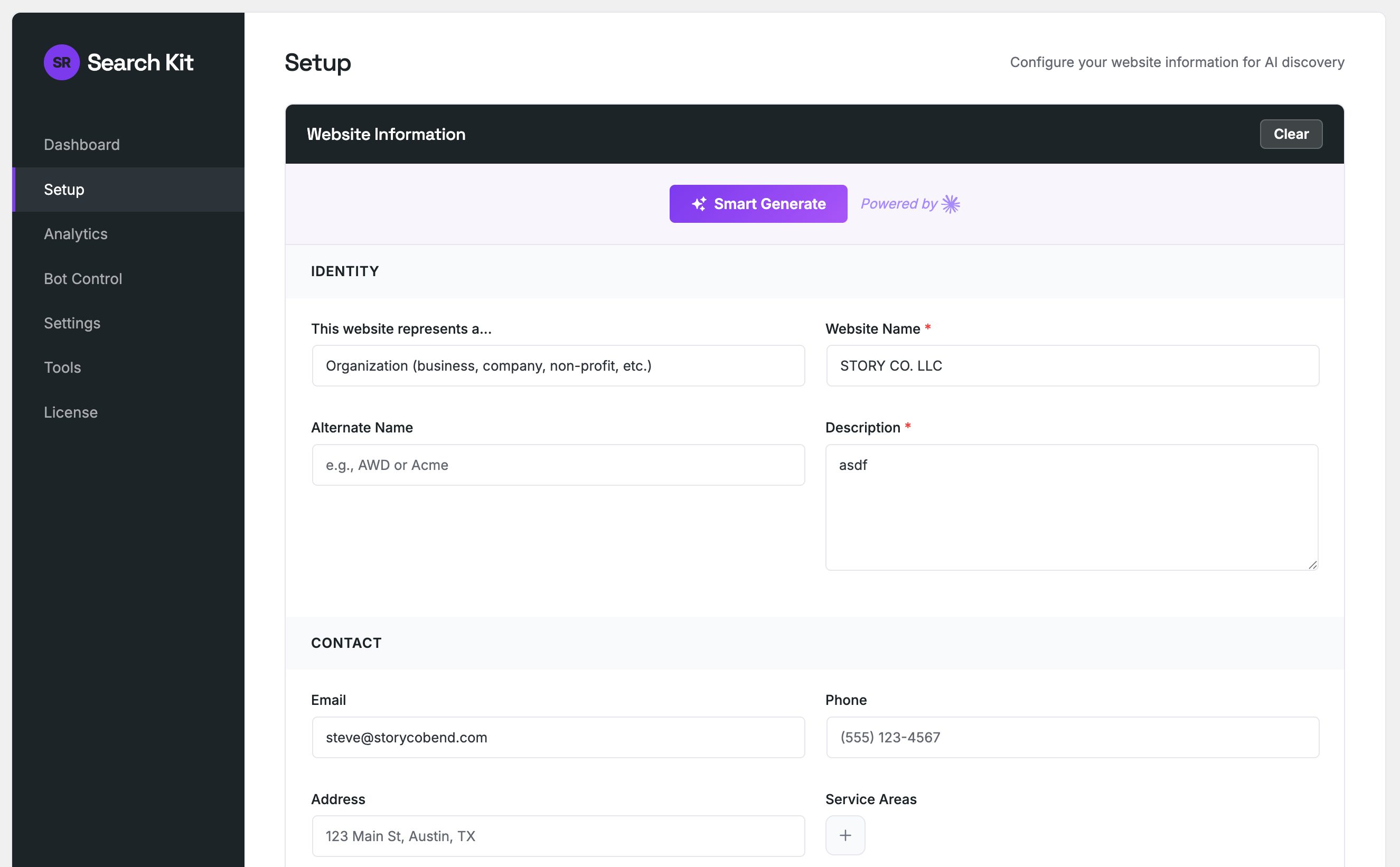 Setup page with Smart Generate feature