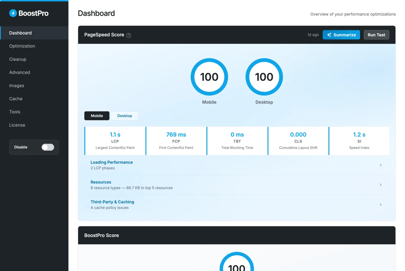 BoostPro dashboard showing performance settings